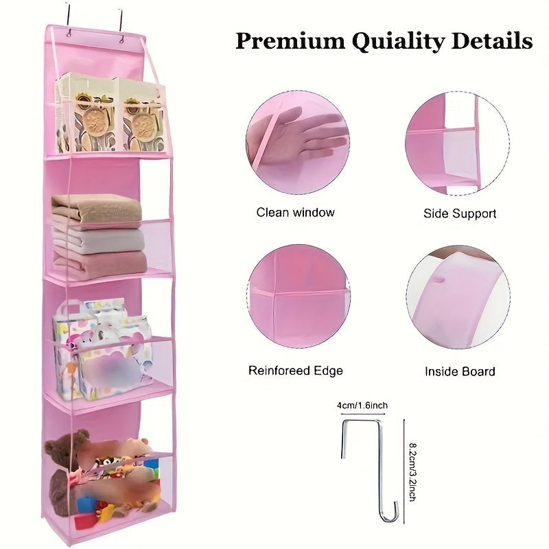 A fabric organizer in pink, designed to be mounted on a door and featuring four pockets. This versatile storage rack can be used in wardrobes, bathrooms, bedrooms, or dormitories. It includes a transparent window and a reinforced rack, along with two