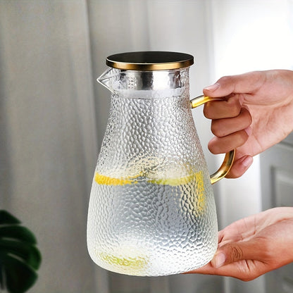 Durable and Elegant Glass Pitcher with Golden Handle - Perfect for Serving Cold Beverages, Tea & Water - Large Capacity, Heat-Resistant Carafe - Dishwasher Safe, Ideal for Home & Restaurant Use