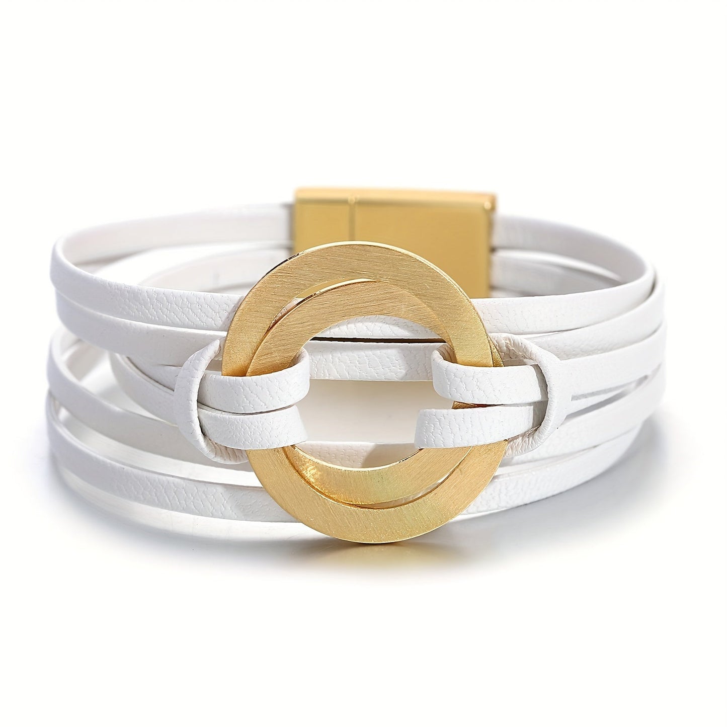 Artificial leather bracelet for women with double circle charm and magnet buckle clasp - a stylish wide bangle bracelet that makes a great gift.