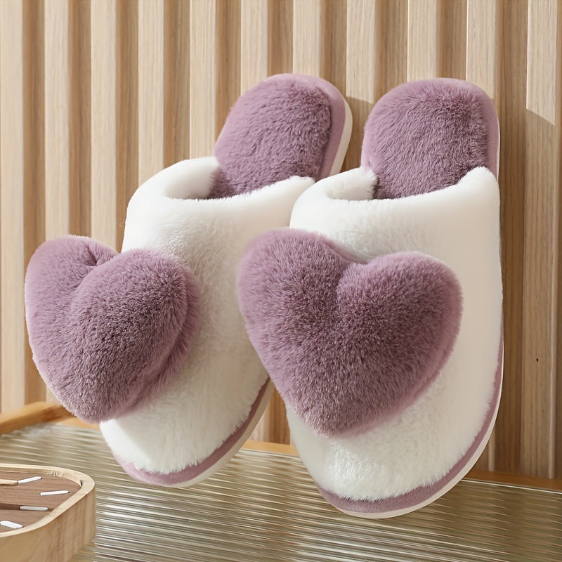 Warm and comfortable winter heart pattern slippers for women with faux fur, thicken plush, and non-slip sole.