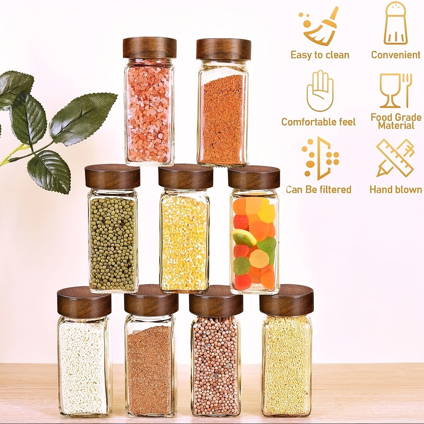 Set of 6, 12, or 24 glass spice jars with sandalwood lids. Each jar holds 120ml and comes with labels for kitchen organization.