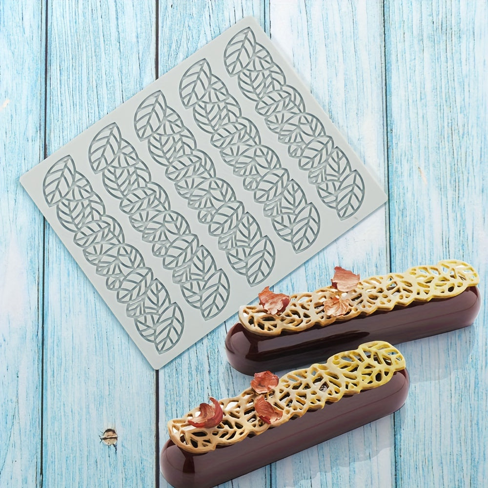 Silicone cake lace mat featuring elegant heart and bubble leaf designs, ideal for decorating Western pastries and chocolates. This food-safe baking mold is perfect for both home and professional use.