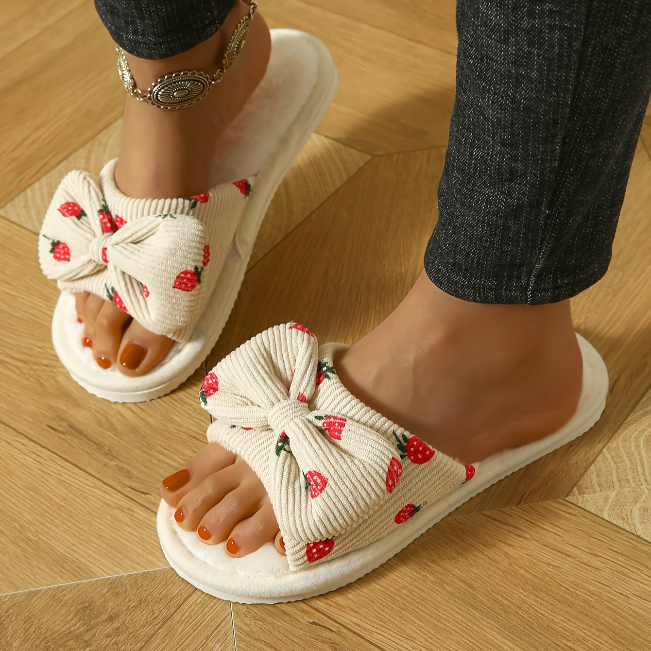 Adorable strawberry bow slippers, cozy and non-slip.