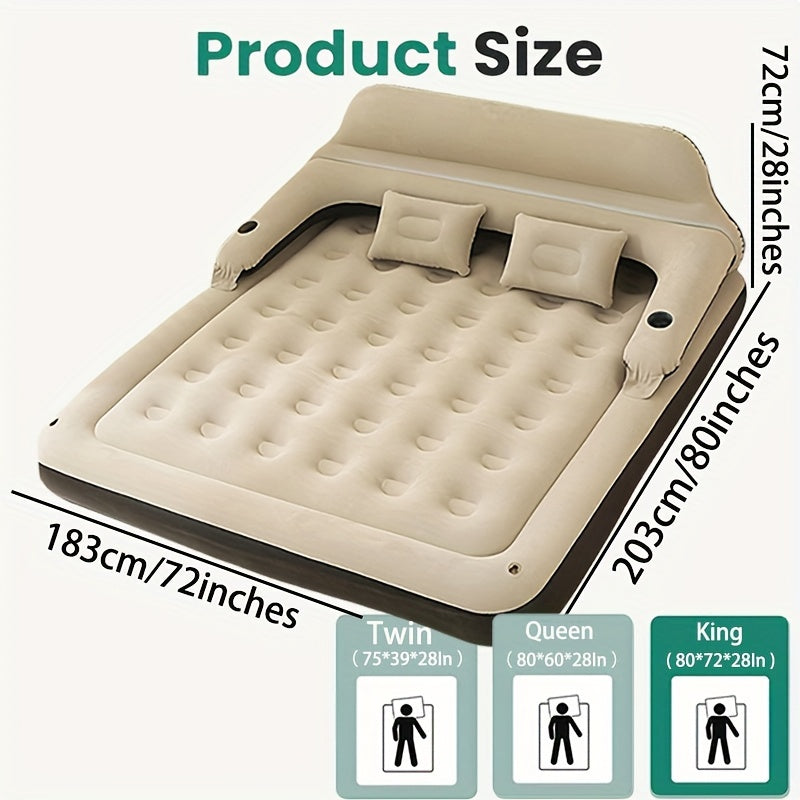 Inflatable air mattress with integrated pump, designed for maximum comfort and convenience. Made of durable plastic, featuring a deep fill design for optimal sleeping support. Includes backrest, headboard, and pillows for added relaxation. Suitable for