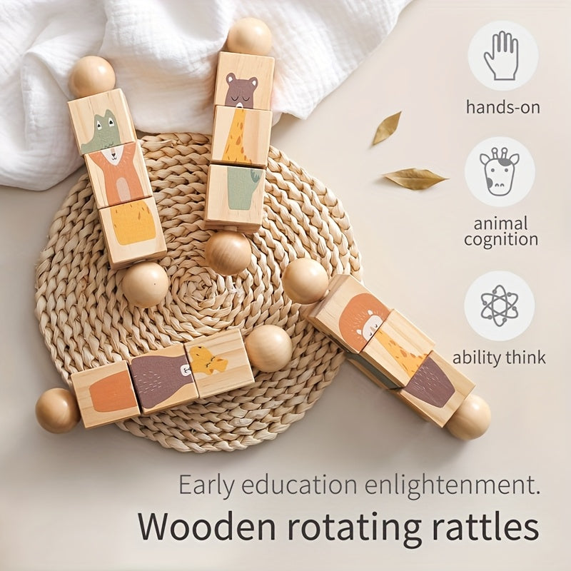 Unique Wooden Animal Shape Matching Toys with Rotating, Multifunctional Features - Includes Rattle for Youngsters' Grip Development and Hand-held Brain Stimulating Activity. Educational Turn Music and Wooden Animal Puzzle Toys make great Christmas Gifts