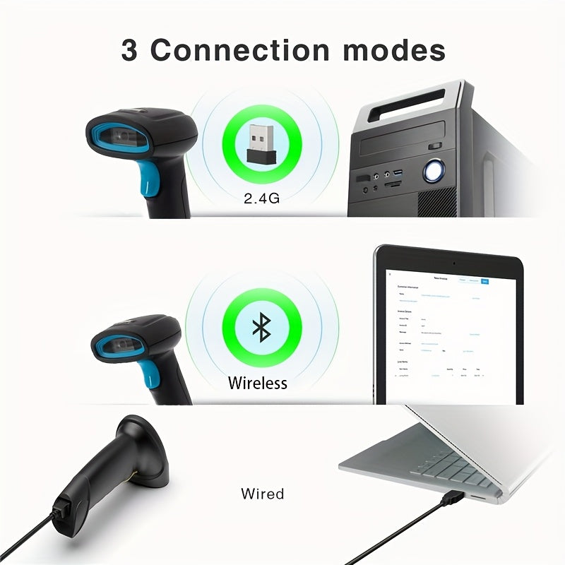 Handheld 2D barcode scanner with USB wired and wireless connection, ideal for retail, warehouse, and mobile payments. Features high-performance CMOS sensor, portable and rechargeable