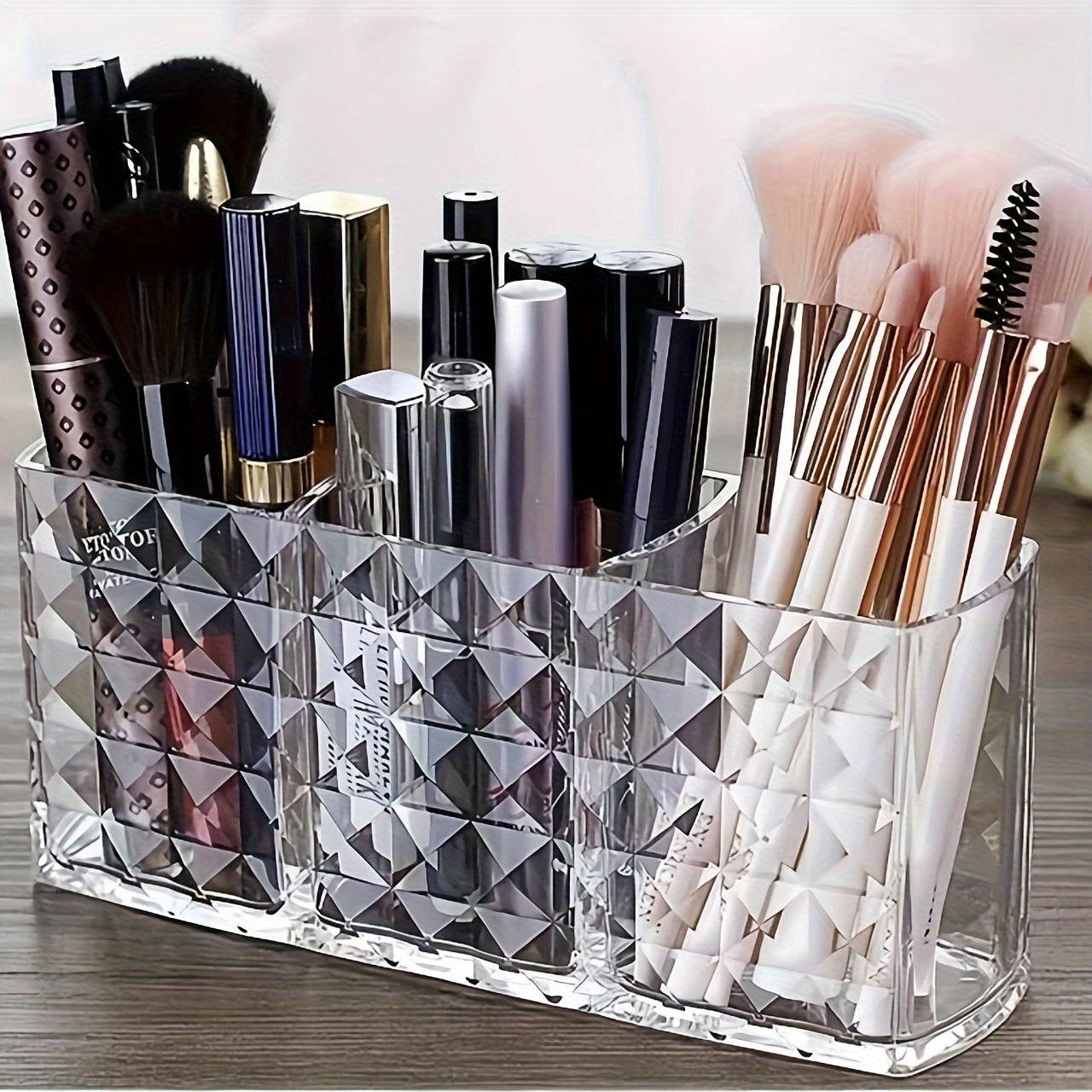 Elegant transparent makeup brush organizer with geometric design. Large capacity and multifunctional holder for brushes, lip gloss, liners, and more. Ideal for vanity, bathroom countertops, and cabinets.