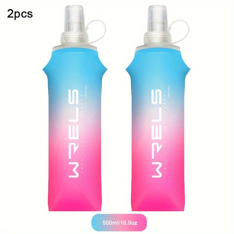 WRELS 2pcs collapsible silicone water bottles in sizes 8.5oz & 17oz, BPA-free for running, hiking, and cycling.