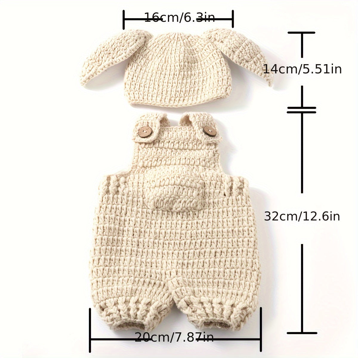 Set of 3 Cute Crochet Carrot Rabbit Kids Photoshoot Props - Includes Polyester Knit Suspender Pants & Hat, Ideal for Capturing Youngsters' First Moments