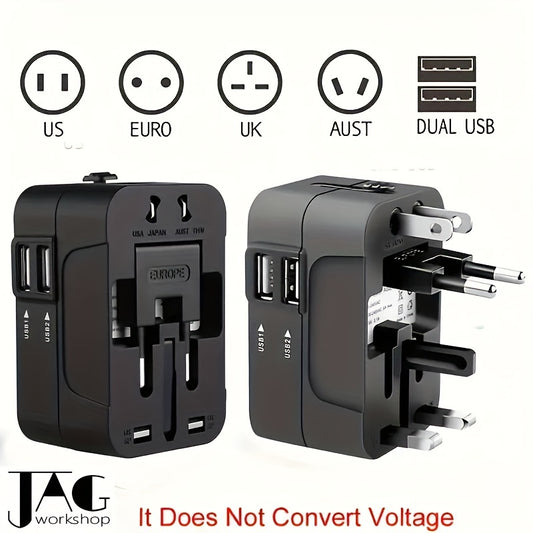 Travel adapter with 1pc compliance certification for US/EU/UK/AU plugs, covering over 150 countries. Suitable for iPhone, Samsung, Xiaomi, Android, iPad, and more. Ideal holiday gift.