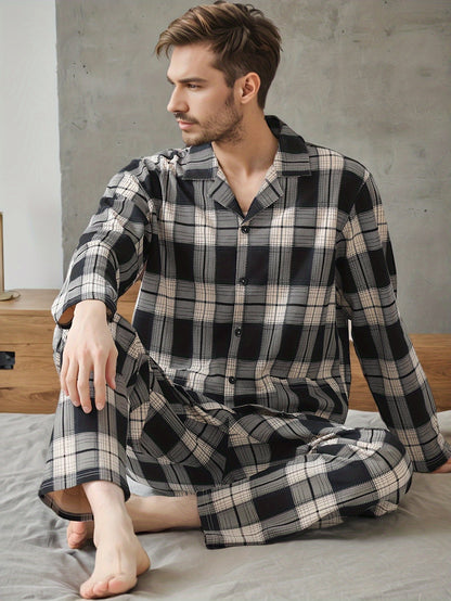 Men's plaid pajama set with long sleeves, lapel collar, slight stretch, and casual style. Made of 95% polyester and 5% elastane. Suitable for spring/fall.