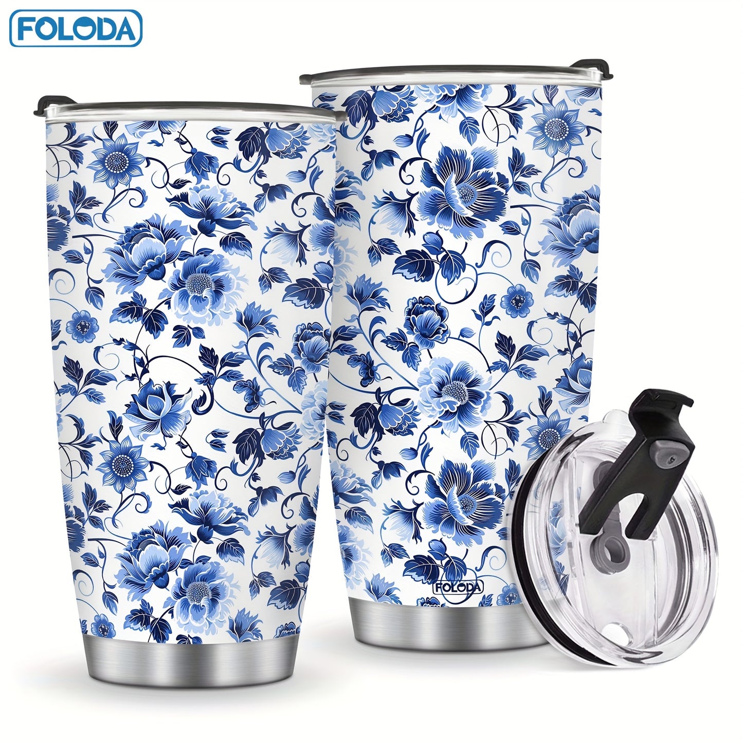 Foloda 20oz Blue Floral Stainless Steel Tumbler - Double-Wall Vacuum Insulated Travel Mug with Lid and Straw, Ideal Gift for Women - Hand Wash Only