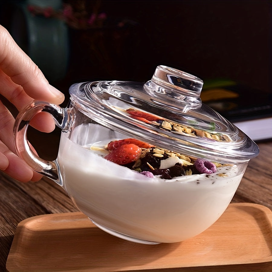 Premium glass cup with lid & spoon, microwave safe. Ideal for breakfast, coffee, tea, milk, yogurt. Clear, durable & stylish for home or office.