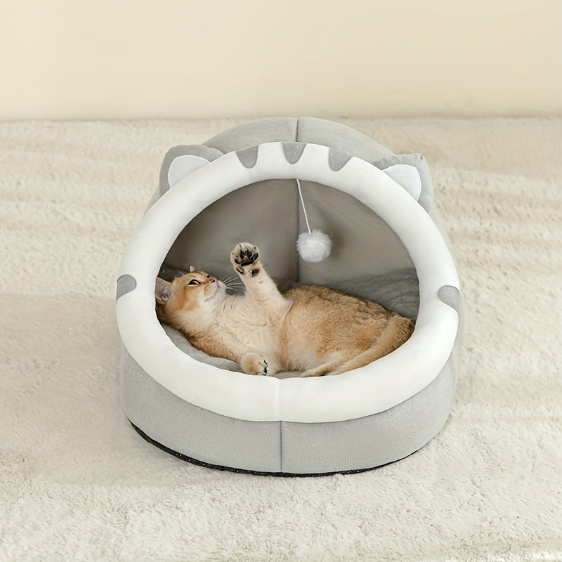 Cozy cat-shaped bed with soft polyester fiber, breathable and comfortable for all seasons. Suitable for small to large cats.