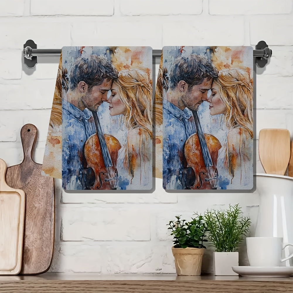 Two romantic violin duet themed kitchen towels are included. These ultra soft and highly absorbent dish towels are made of polyester and are machine washable. Each towel measures 40.64x60.96 cm and is perfect for holiday decor and everyday use in the