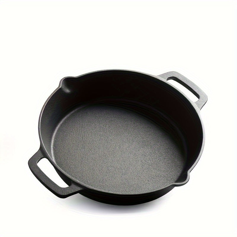 Cast iron skillet featuring dual handles and oil spouts, enhanced non-stick thickened cooking surface, oven-safe design, and smooth finish - ideal kitchen cookware for cooking beef and other dishes.