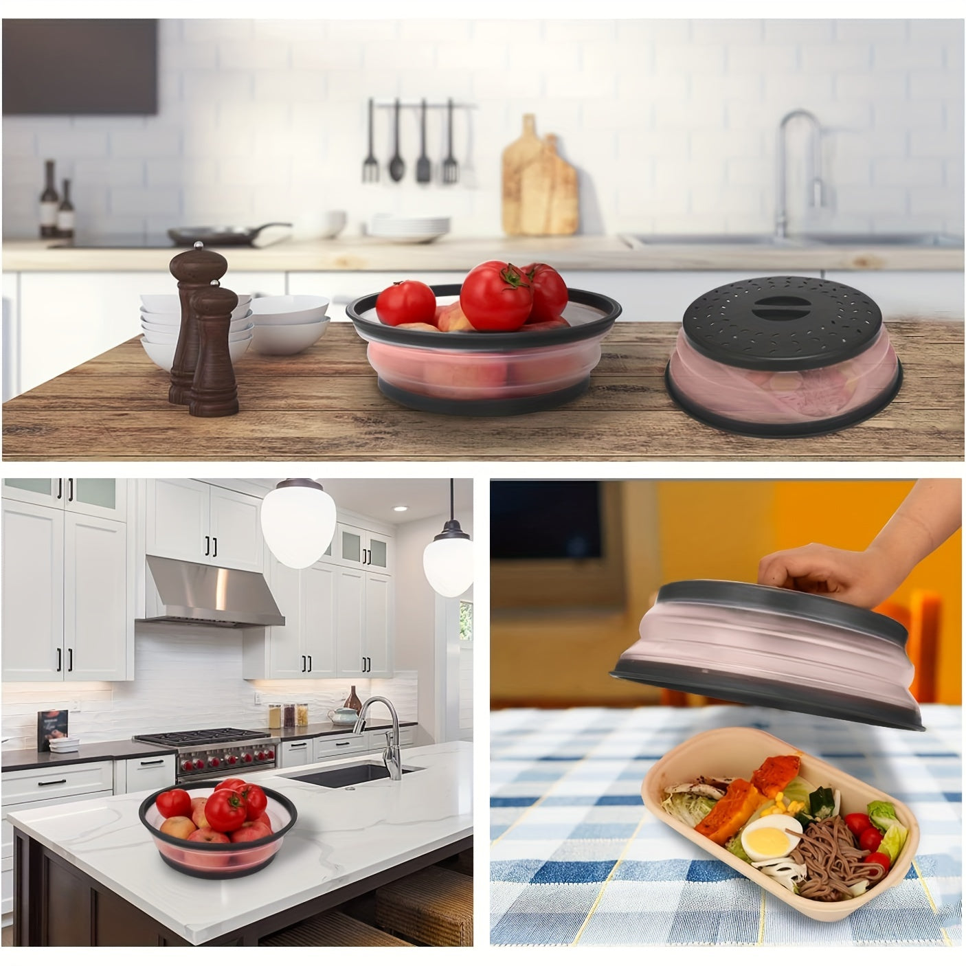 One set of four BPA-free foldable microwave lids for food, compatible with microwave ovens. Can be used as a splash lid, food filter, and is dishwasher safe. Each lid measures 10 inches in diameter.