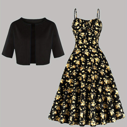 Leopard Print Spaghetti Strap Dress and Blazer Set, 100% Polyester, Fall/Winter Collection