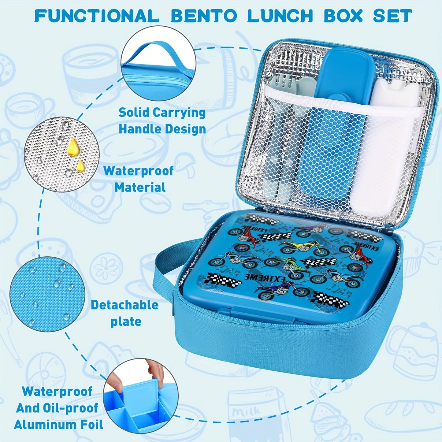 Kids' Bento Box Set with insulated food jar, lunch bag, ice pack, and utensils. Leak-proof container with 5 compartments, perfect for school or work.