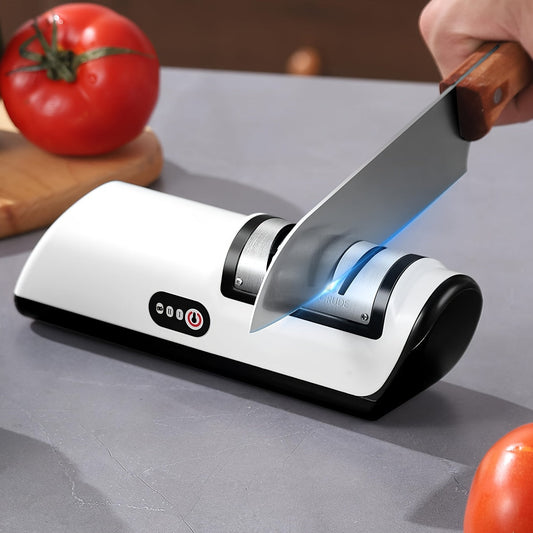 The Multifunctional Kitchen Gadget is a USB Rechargeable Electric Knife Sharpener that features 2 speeds and a built-in lithium battery. This gadget includes an automatic sharpening stone for quick blade edge restoration. Made of durable plastic