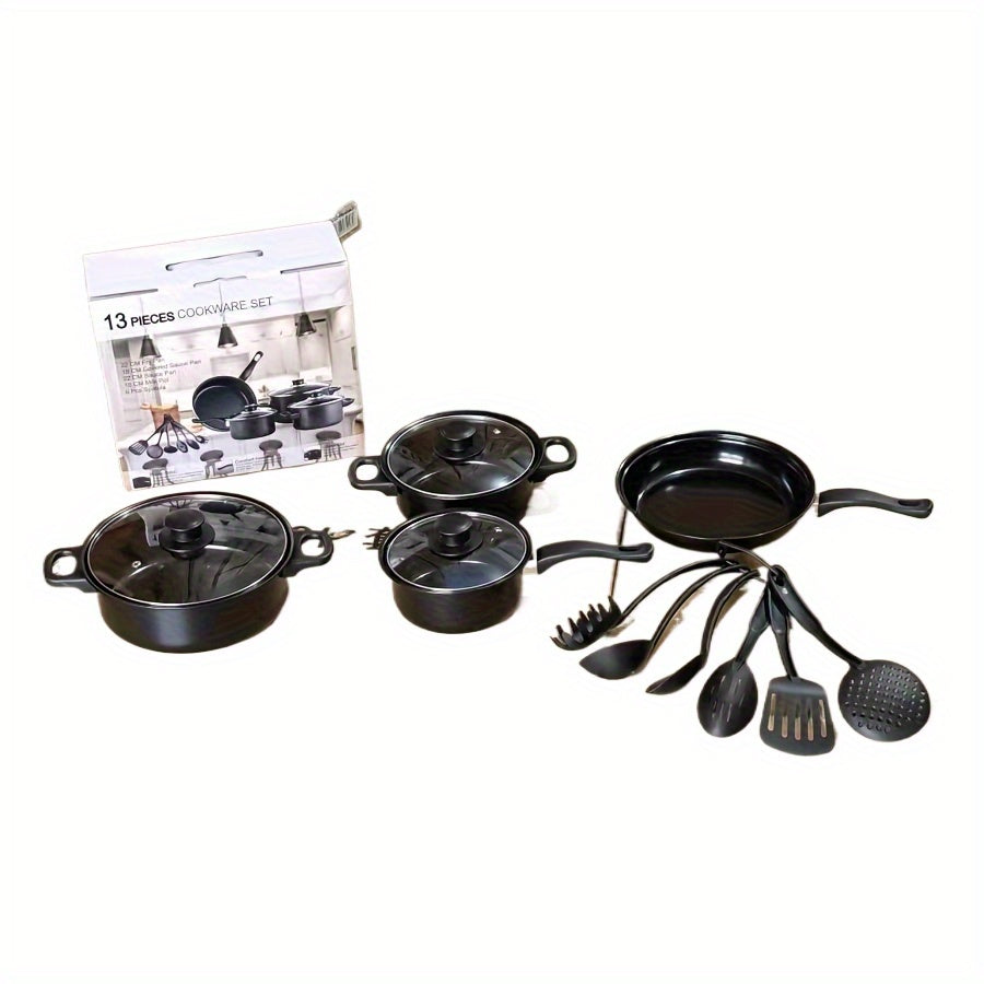 13-piece Non-stick Pan Set includes Saucepan, Frying Pan, and Multi-purpose Kitchen Pans in a Neutral Colored Box. Perfect for Frying, Boiling, and Stewing.