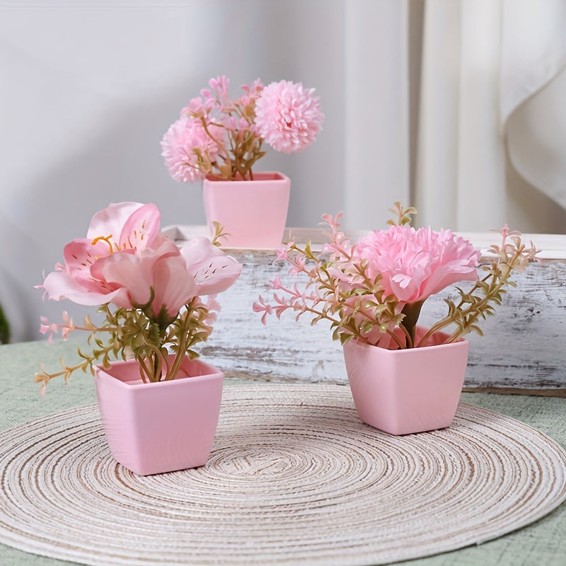 1 set of 3 mini decorative artificial flowers (rose, peach blossom, orchid pink) in small pots, perfect for weddings, home or office decor.