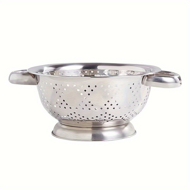 One piece of a durable metal colander with handles, perfect for washing and draining vegetables, fruits, and pasta. This food-safe kitchen strainer is made of stainless steel and comes with a sturdy base.