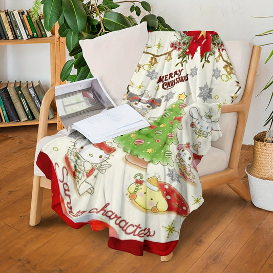 Personalized Creative Christmas Blanket featuring Hello Kitty design. This versatile blanket is perfect for gifting and can be used in various settings such as bed, sofa, office, car, or home decoration.