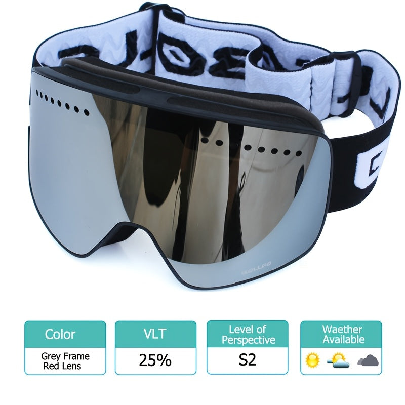 BOLLFO Anti-Fog Ski Goggles for Adults with Magnetic Double Layer Lens, Durable Frame, and Multiple Color Options.