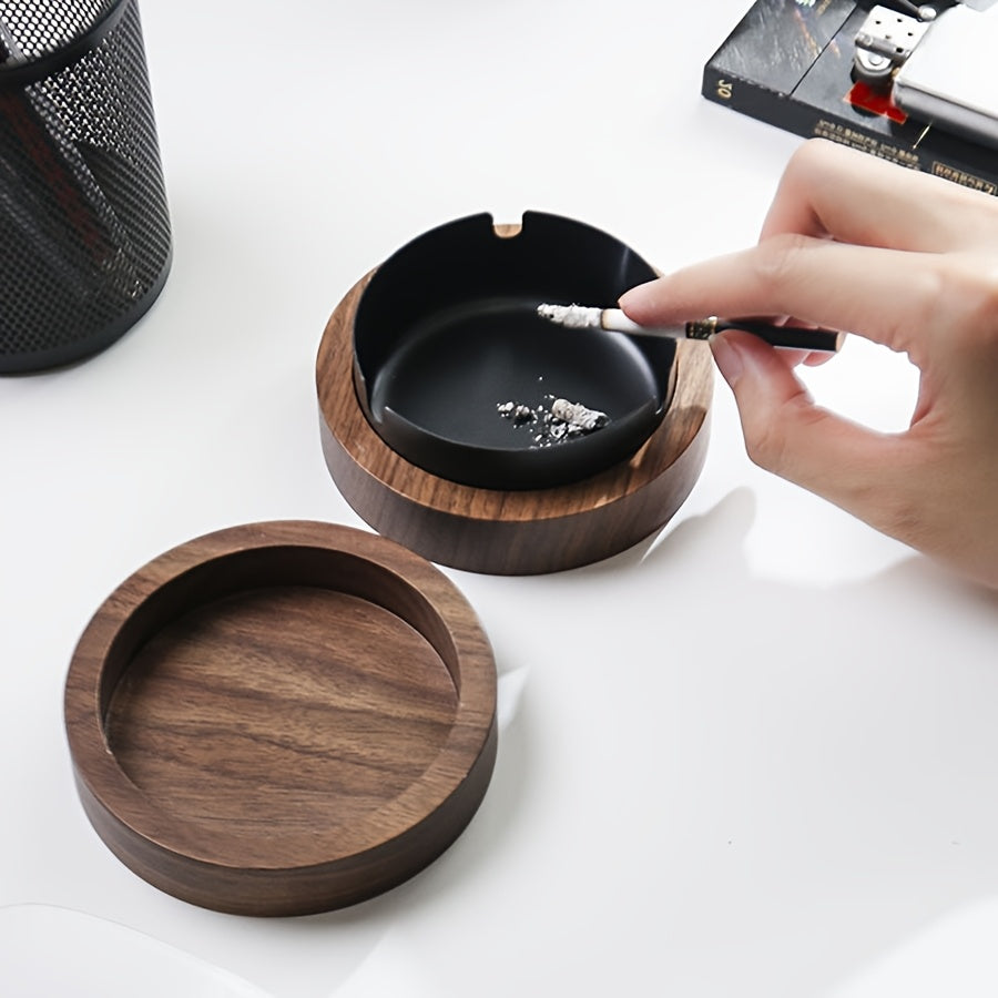 Solid wood ashtray with lid for home or office use, designed to prevent fly ash.