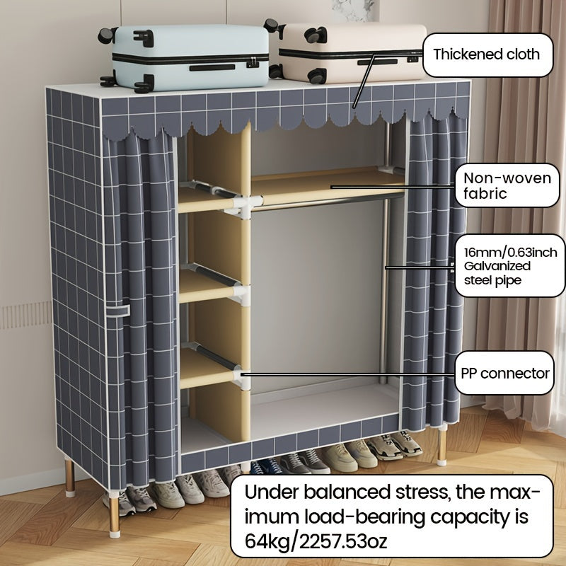 Solid color wide assembly with 10 shelves, 3 hanging rods, and plaid fabric. Portable closet for organizing wardrobe.