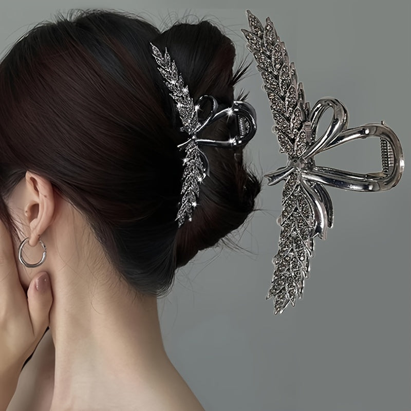 Elegant gray bow hairpin with rhinestone wheat ear design