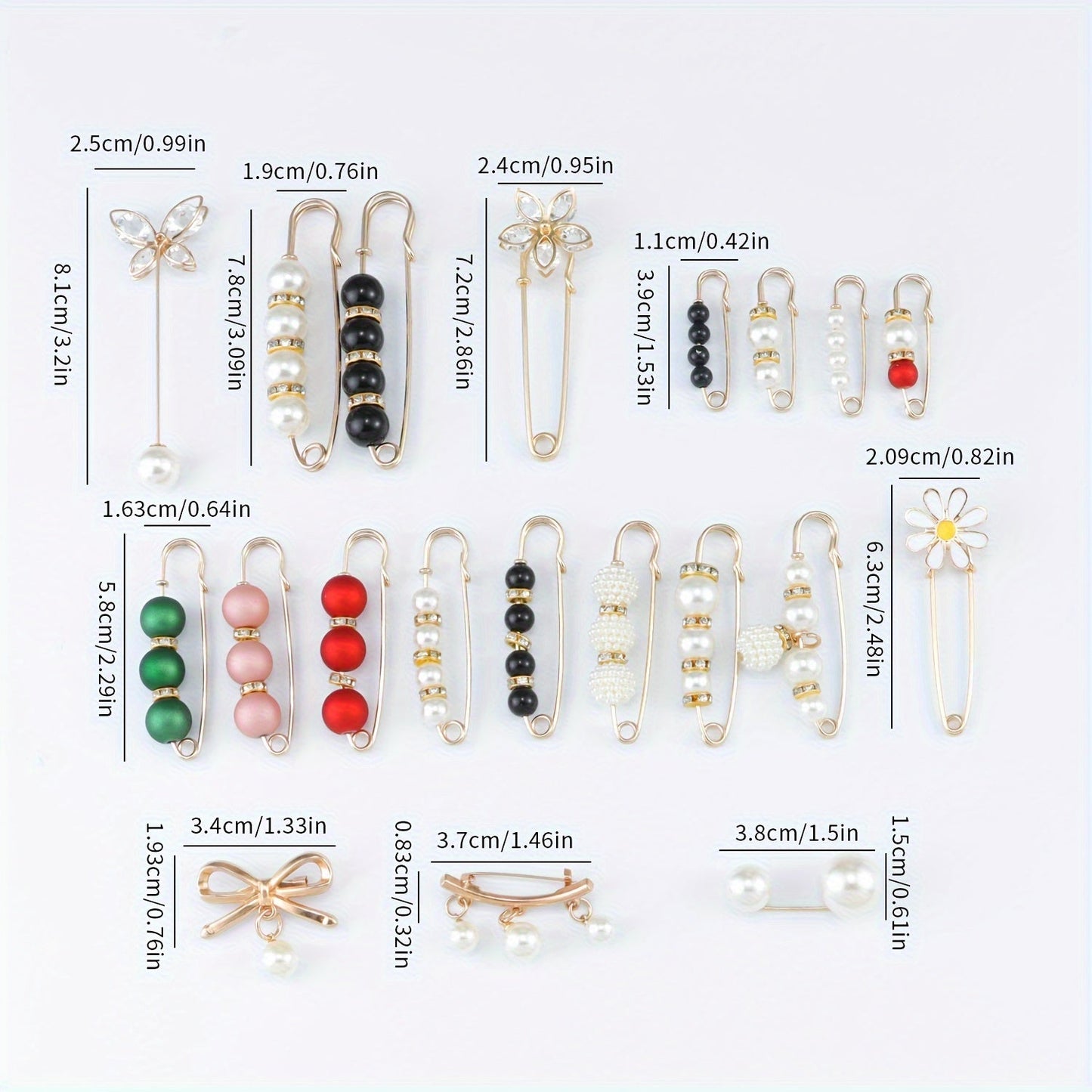 Set of 20 Elegant Minimalist Mixed Brooch Pins with Pearl Embellishments. These Safety Pins feature Irregular Shapes and are Versatile Fashion Accessories for Scarves, Dresses, and Waist Cinchers. Add a touch of Decorative Jewelry to your Clothing.