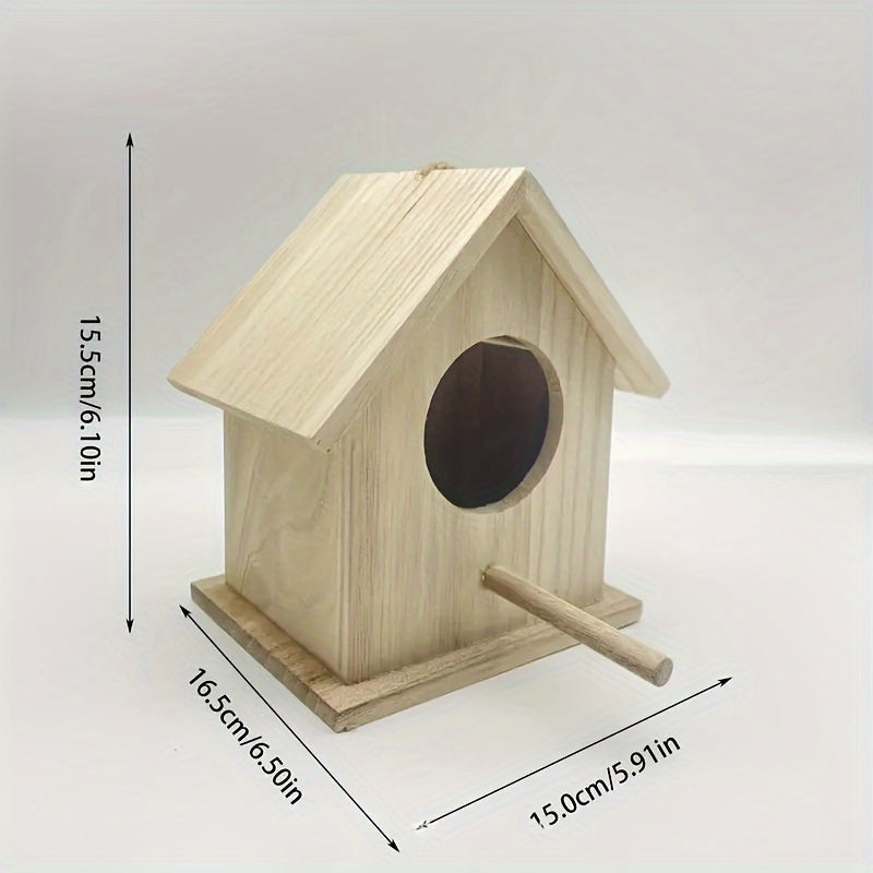 Mini hanging bird feeder made of handcrafted wood, with perch and natural finish, perfect for attracting hummingbirds and small birds in the garden.