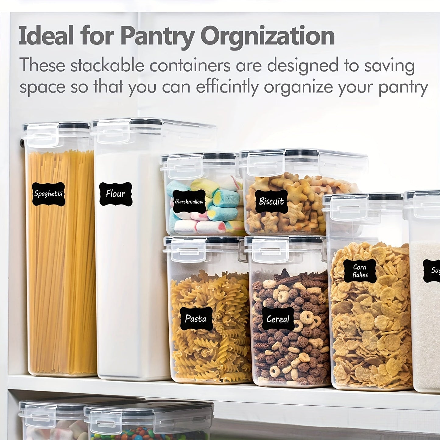 A set of 6 or 12 Airtight Food Storage Containers comes with Lids and Labels. These Plastic BPA Free Kitchen Storage Containers are perfect for storing Dry Food such as Flour, Sugar, Cereal, Pasta, Tea, Nuts, and Coffee Beans. They are ideal for keeping