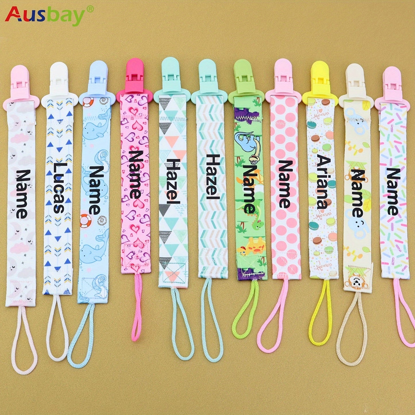 Personalized Pacifier Clip Set with Custom Names for Boys and Girls - Includes 4 Adorable Designs. Handmade and Perfect for Birthdays, Christmas, and Easter Gifts. Personalize Your Baby's Accessories Today!