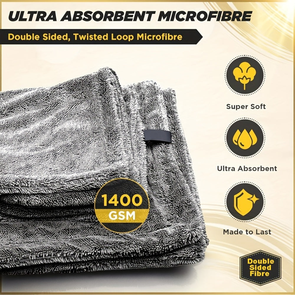 Compact microfiber car drying towel with high absorbency, 1400 GSM, twisted loop design, double-sided, streak-free detailing - 1 Pack.