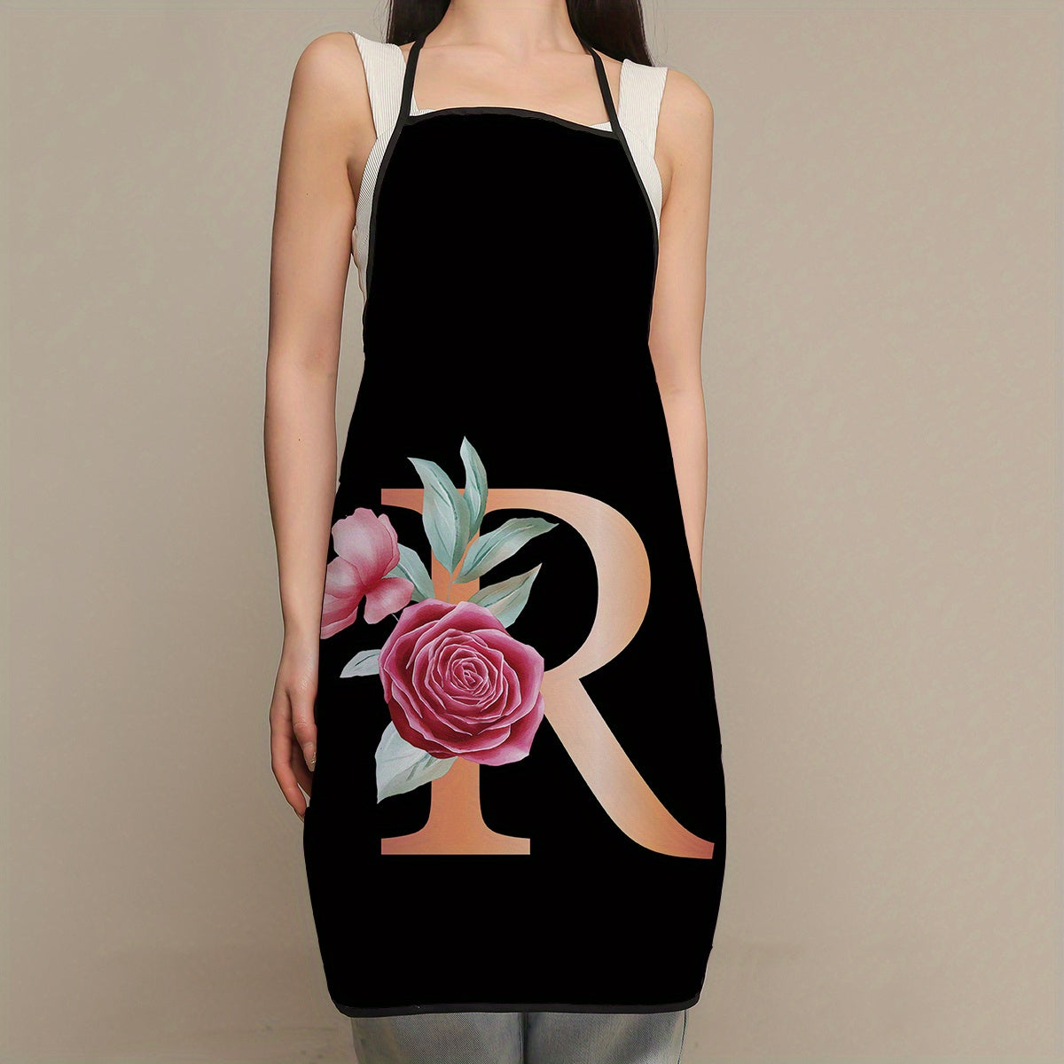 Women's flower and letter printed polyester apron - waterproof, thickened, and cute for household and kitchen use.