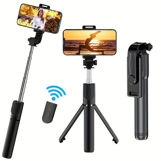 Portable wireless selfie stick tripod with remote control, 360° rotation, extendable up to 70cm, fits iPhone/Samsung/Android, battery-powered with non-rechargeable button battery, made of