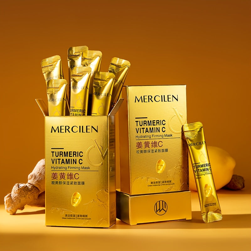 MERCILEN Turmeric Vitamin C mask provides deep cleansing and moisture, suitable for all skin types..GraphicsUnit contains 10 pcs, with ingredients like Retinol, Aloe Vera, and Hyaluronic