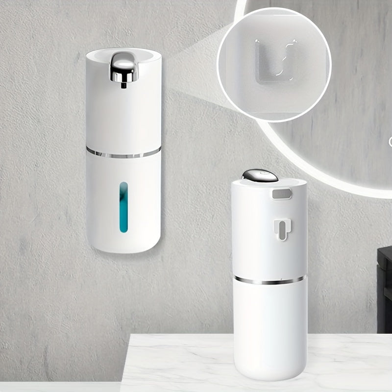 Wall-mounted 380ml Soap Dispenser with USB rechargeable battery offers touchless hand & lotion pump operation. Made of plastic with multi-level foaming press for bathroom use.