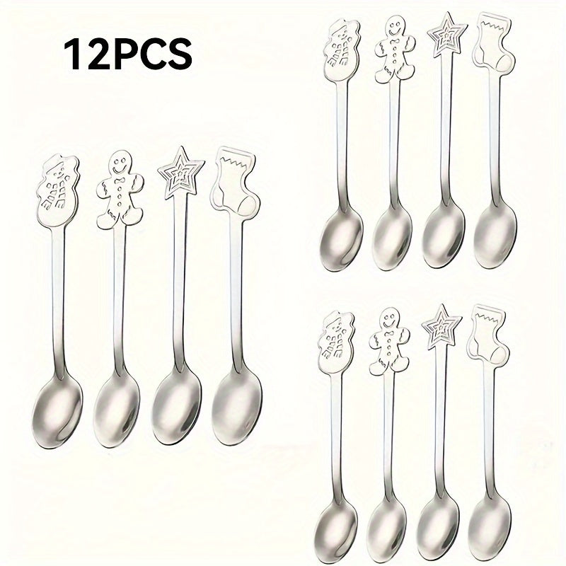 Set of 8/12/24 Christmas-themed stainless steel dessert spoons with mirror finish, perfect for family gatherings, restaurants, and kitchen/dining use.