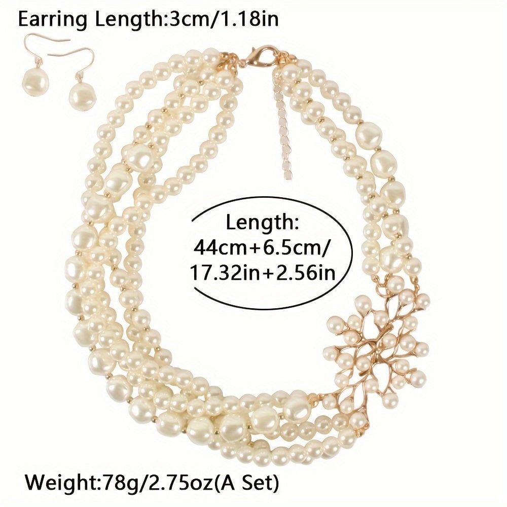 ornament for party, wedding, and prom, this jewelry set features a vintage-inspired baroque style faux pearl tree branch design necklace and earrings.