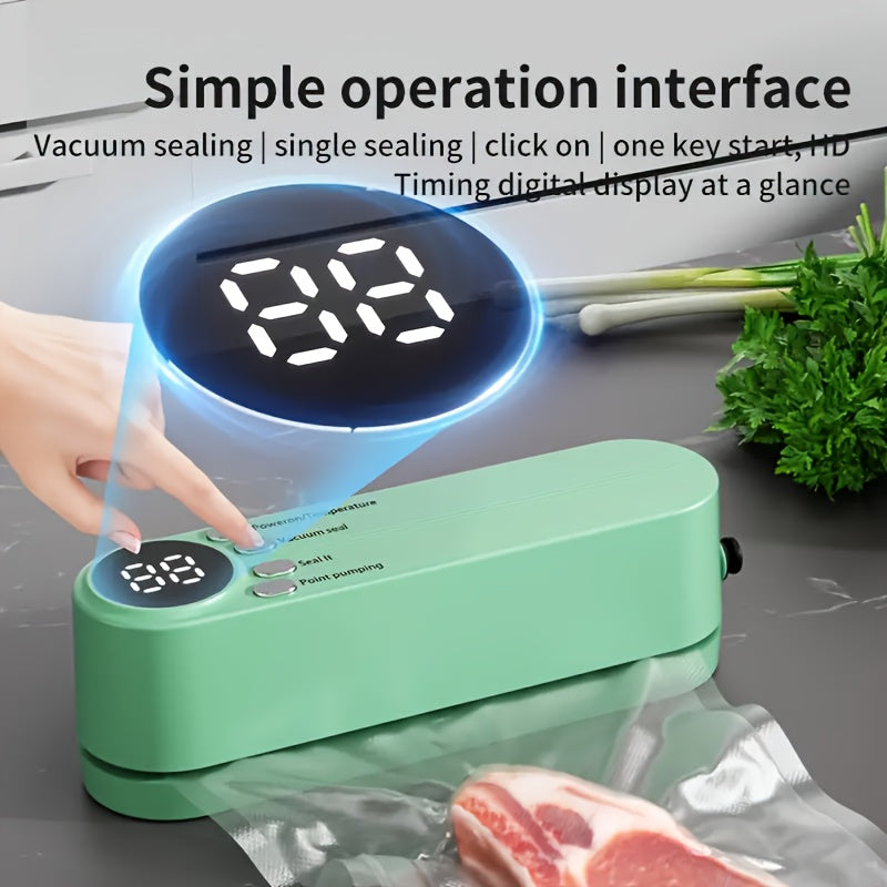 Wireless Semi-Automatic Polycarbonate Vacuum Sealer Machine with LCD Display, USB Rechargeable 1200mAh Battery, 10W Power, Adjustable Sealing Speeds. Ideal for Food Preservation and Snack Sealing. Features External Suction and Inflation Functions.