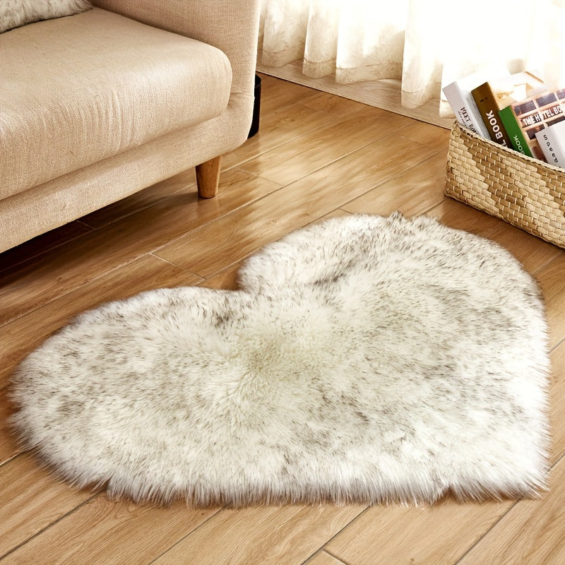 Heart-Shaped Faux Fur Area Rug, Soft Plush Acrylic Blend, Non-Slip, Hand Washable, Cozy Mat for Bedroom or Living Room