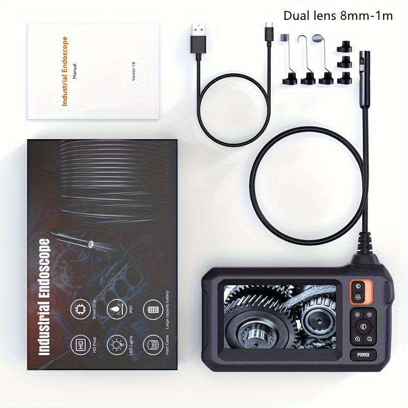 INSKAM Industrial Endoscope: 8mm digital borescope with 4.3" IPS display, 8 LED lights, and semi-rigid cable for auto repair, plumbing, and home inspection.