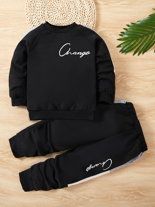 2-piece casual outfit for toddler boys with sweatshirt and sweatpants featuring CHANGE print for spring and fall daily wear.