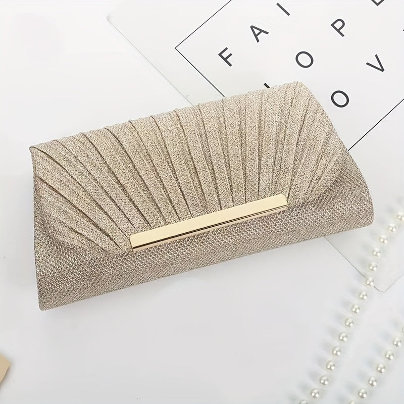 Stylish clutch bags for evening events: pleated evening clutch, golden embellished wallet clutch, and chic chain clutch for ladies.