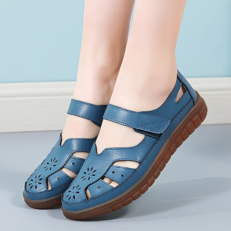 Women's genuine leather sandals with soft sole, cut-out design, casual and breathable.