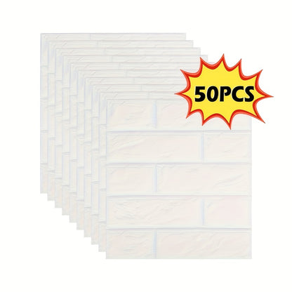 3D stereo brick stickers for indoor home decoration, available in quantities of 20, 50, or 100 pieces. Dimensions are 38.5×35cm/15.16×13.78in. PE foam material is waterproof and oilproof.